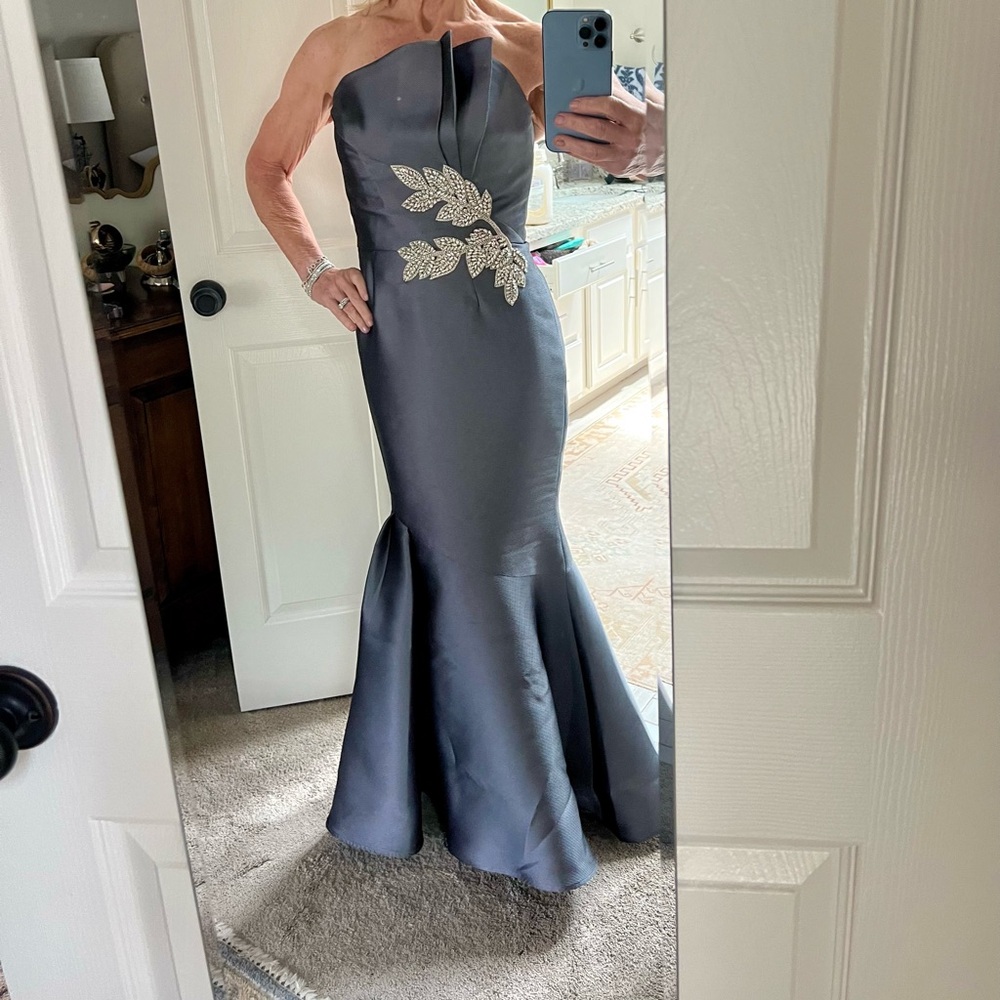 Franscara Blue Grey Asymmetrical One-Shoulder Embellished Gown